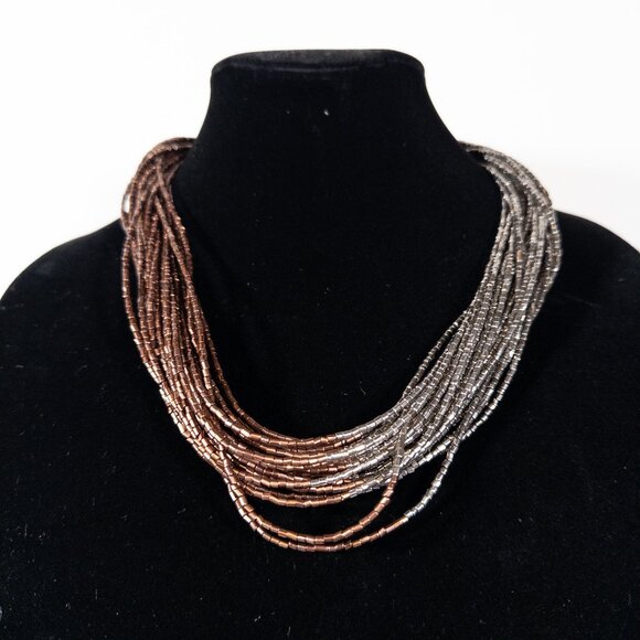 Jewelry - Brown Silver Beaded Multi Layer Chunky Statement Necklace